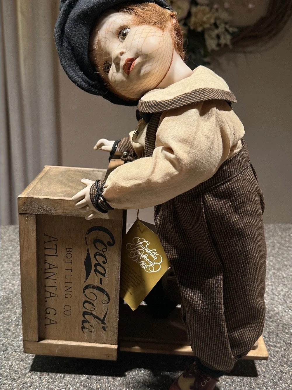 1994 Vintage Franklin Heirloom Porcelain Boy Doll Frankie with Coca-Cola Crate